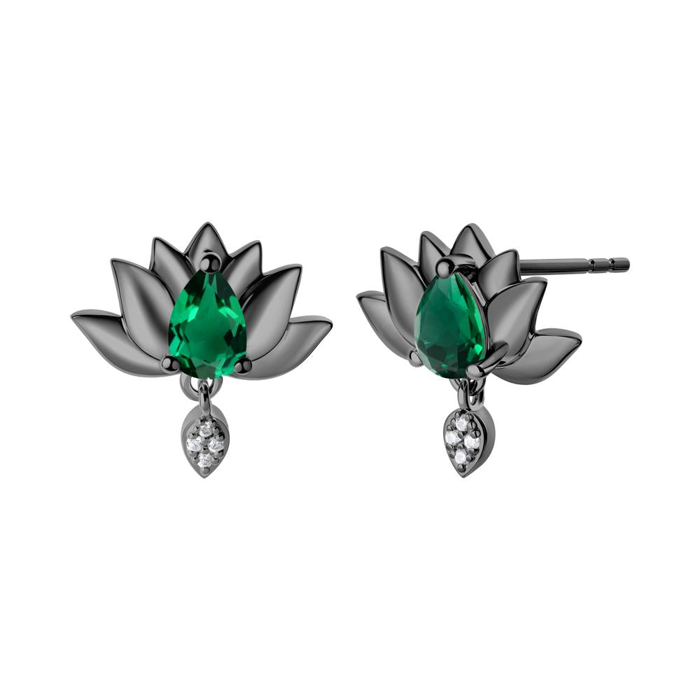 Pear Shaped Emerald Lotus Flower Earrings - LUO Jewelry #metal_black finish sterling silver