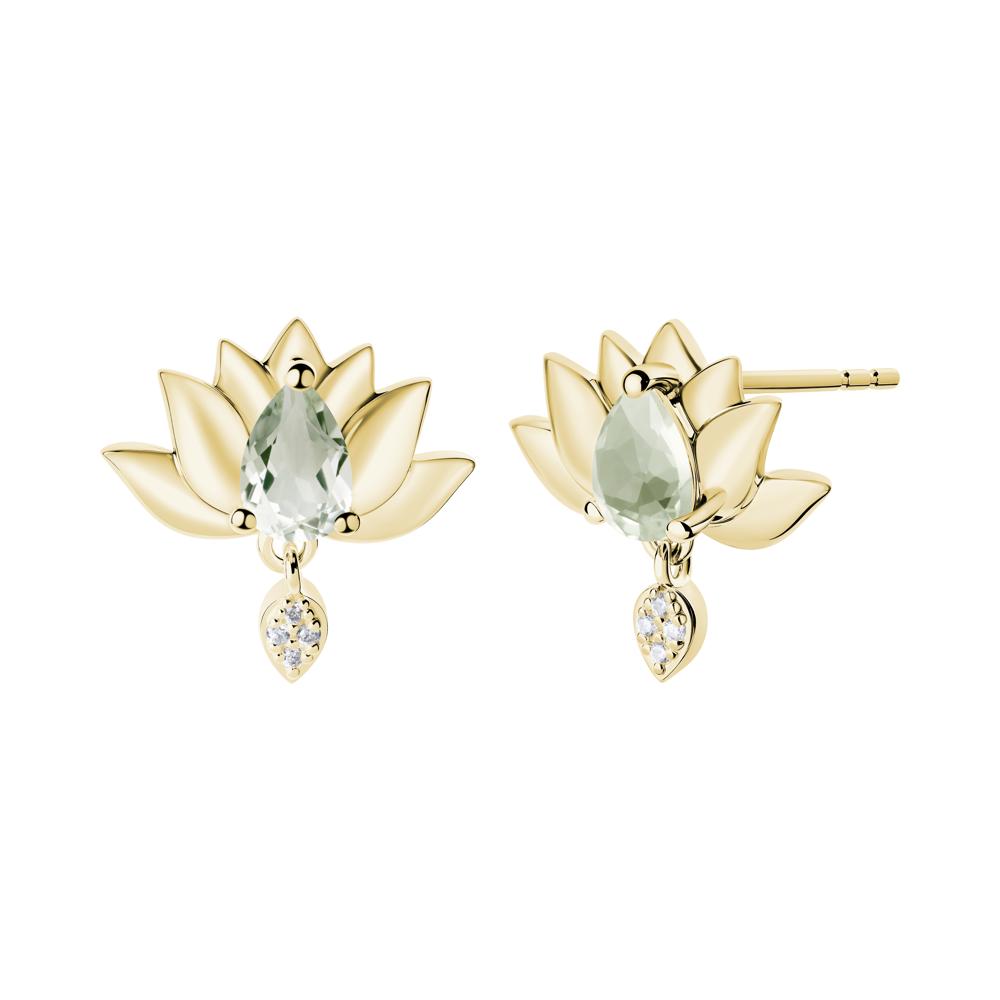Pear Shaped Green Amethyst Lotus Flower Earrings - LUO Jewelry #metal_18k yellow gold