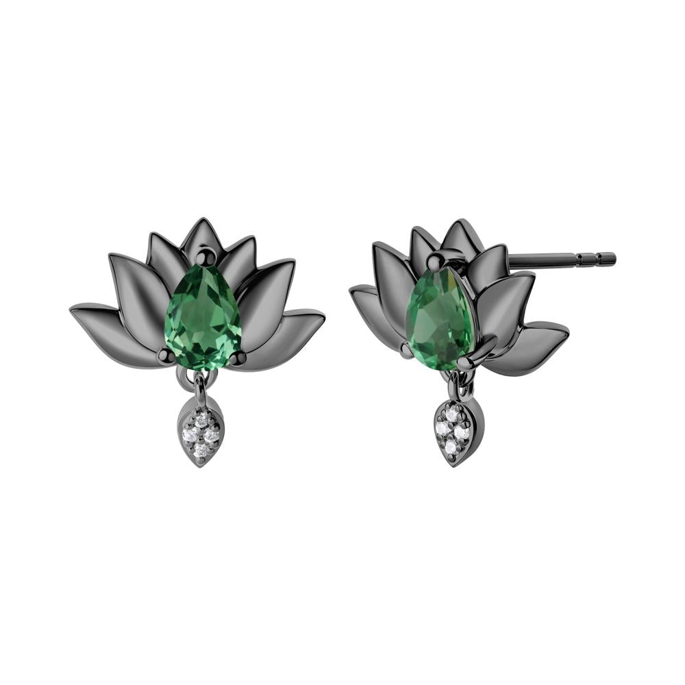 Pear Shaped Green Sapphire Lotus Flower Earrings - LUO Jewelry #metal_black finish sterling silver