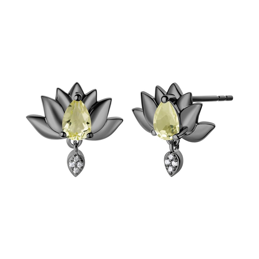 Pear Shaped Lemon Quartz Lotus Flower Earrings - LUO Jewelry #metal_black finish sterling silver