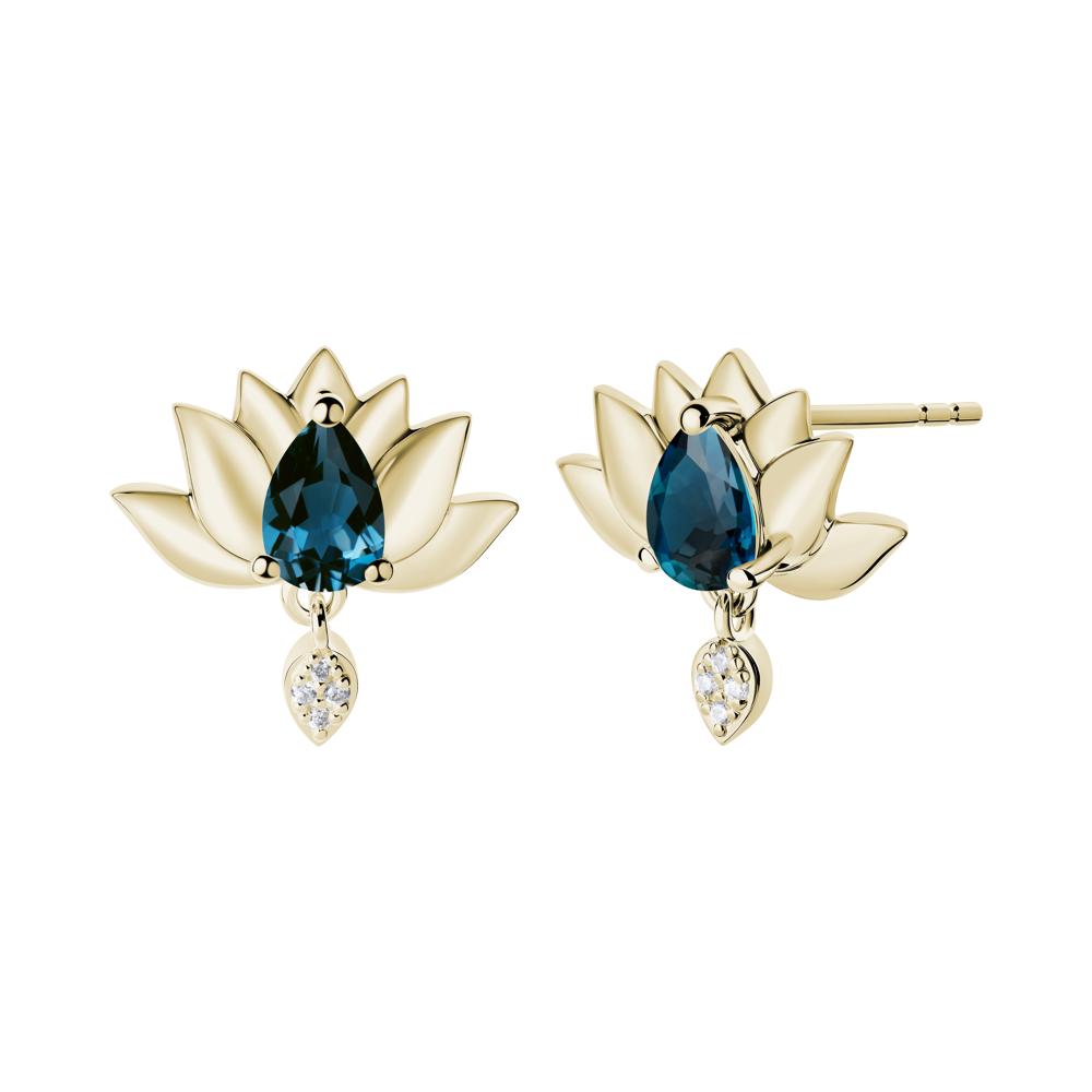 Pear Shaped London Blue Topaz Lotus Flower Earrings - LUO Jewelry #metal_14k yellow gold