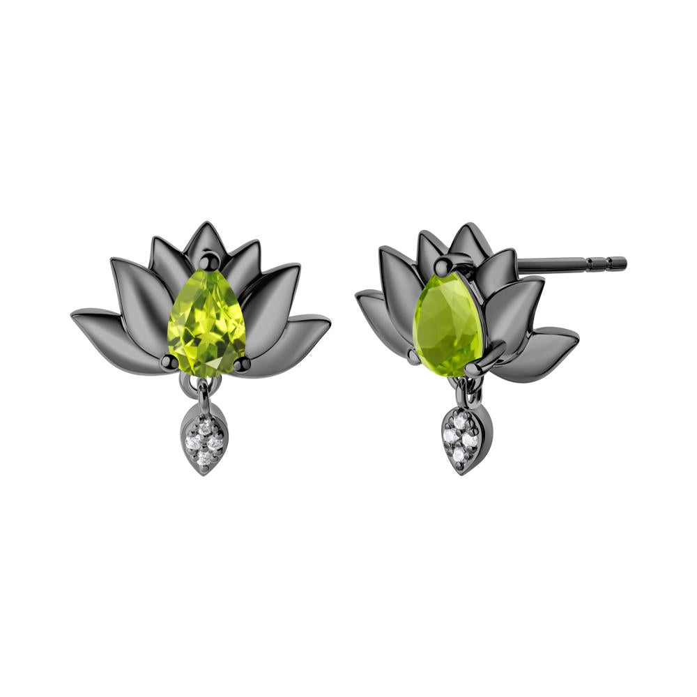 Tear Shaped Peridot Lotus Stud Earrings - LUO Jewelry #metal_black finish sterling silver