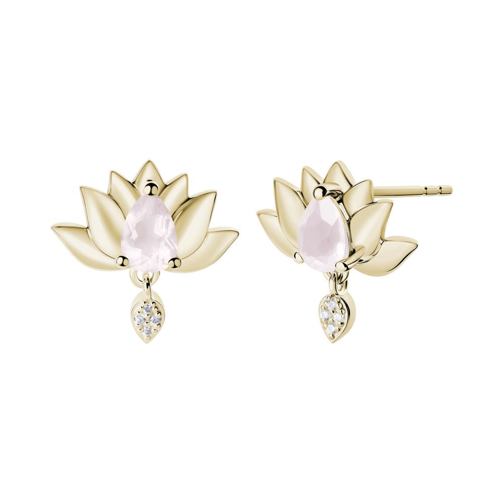 Tear Shaped Rose Quartz Lotus Stud Earrings - LUO Jewelry #metal_14k yellow gold