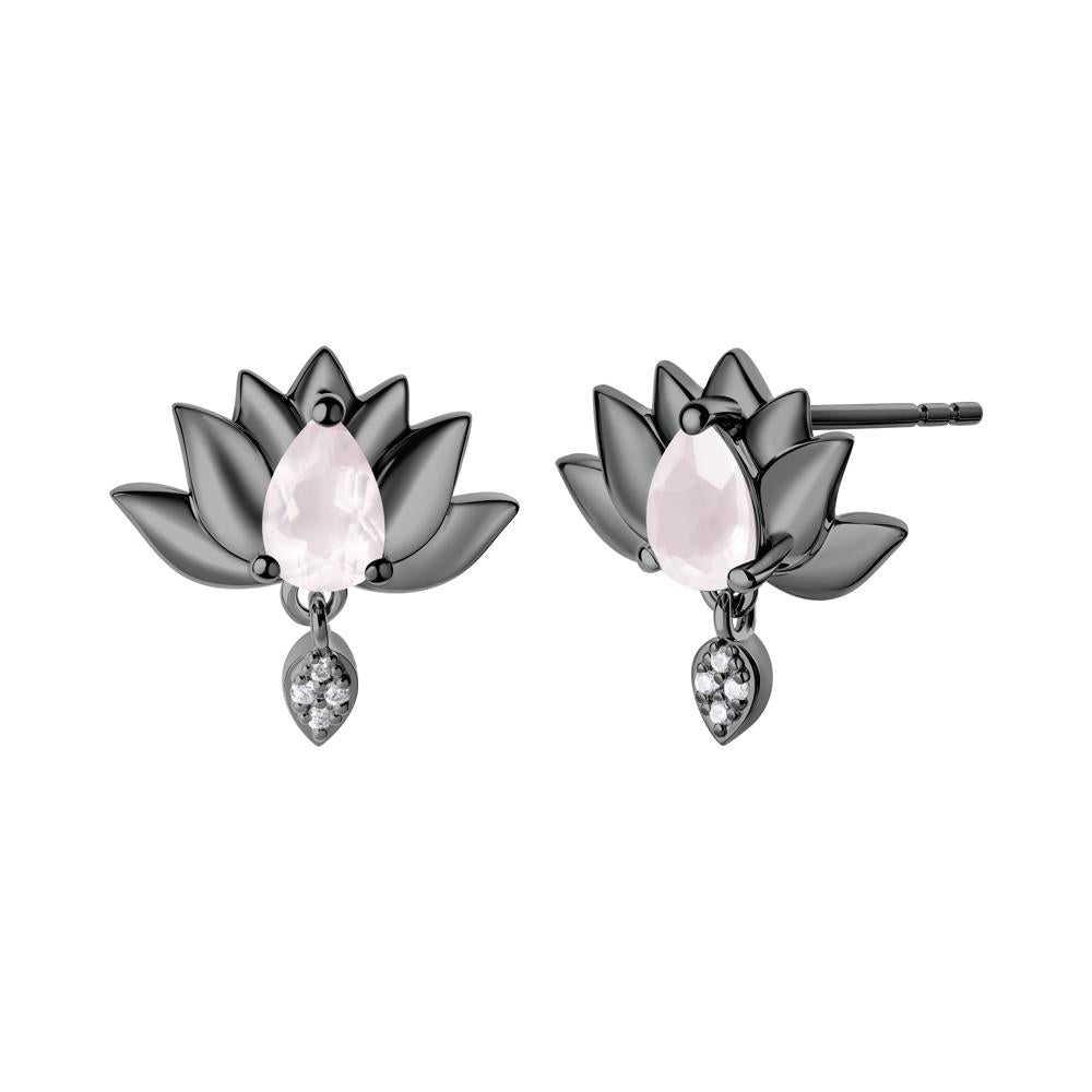Tear Shaped Rose Quartz Lotus Stud Earrings - LUO Jewelry #metal_black finish sterling silver