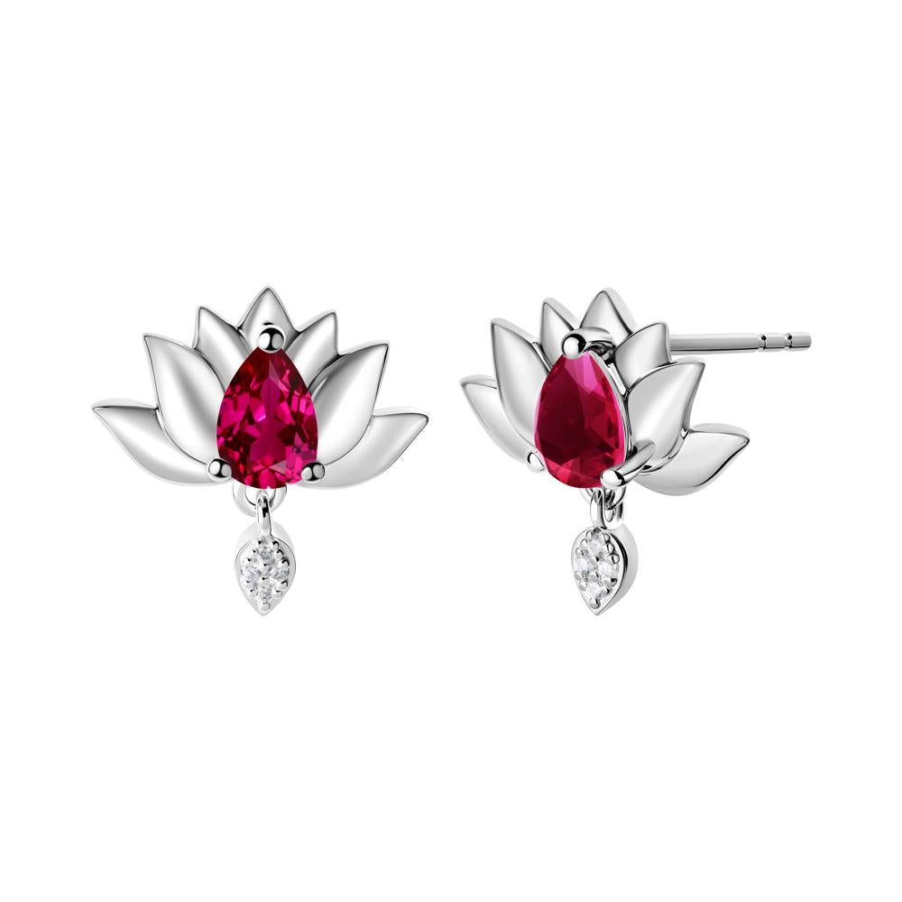 Tear Shaped Ruby Lotus Stud Earrings - LUO Jewelry #metal_14k white gold
