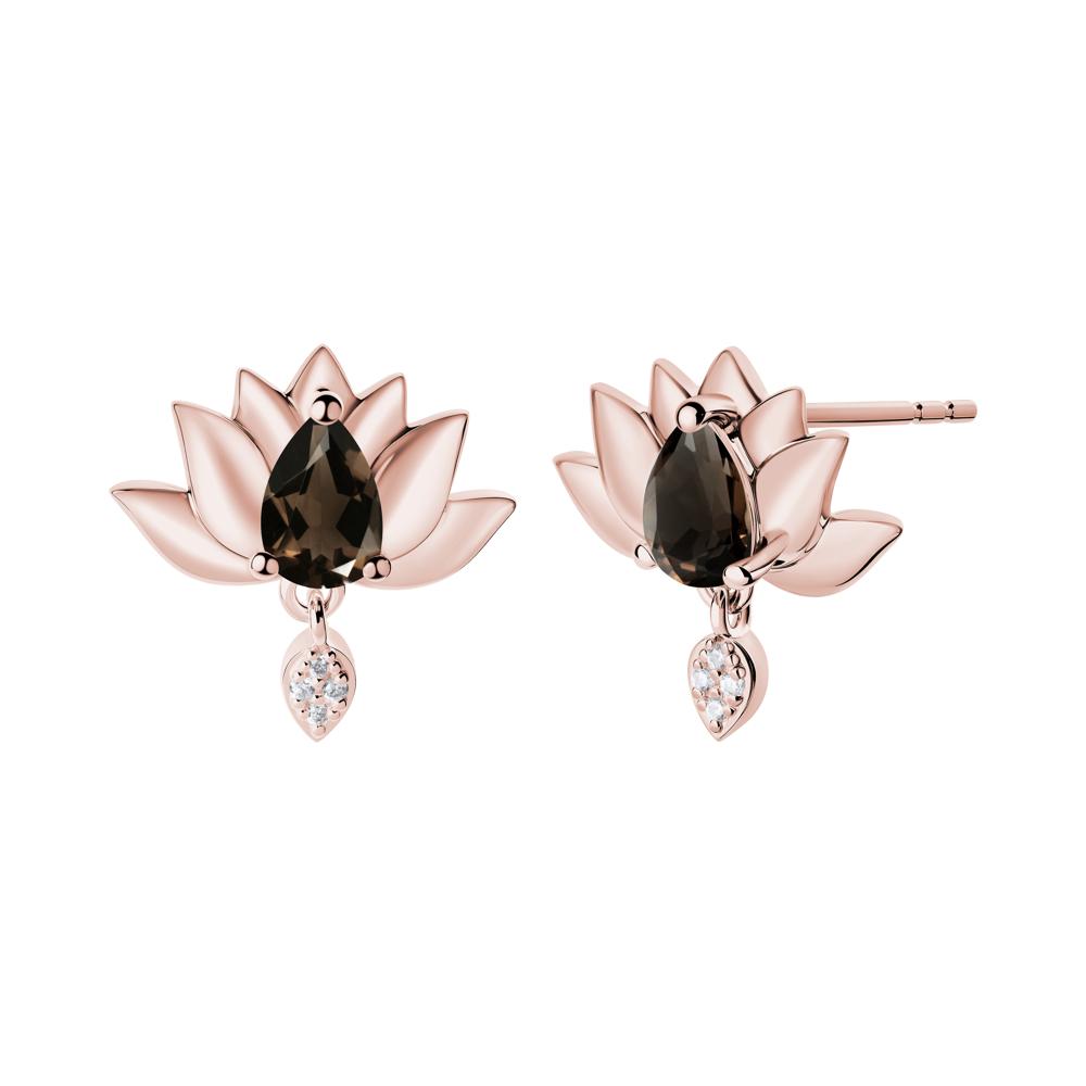 Tear Shaped Smoky Quartz Lotus Stud Earrings - LUO Jewelry #metal_18k rose gold