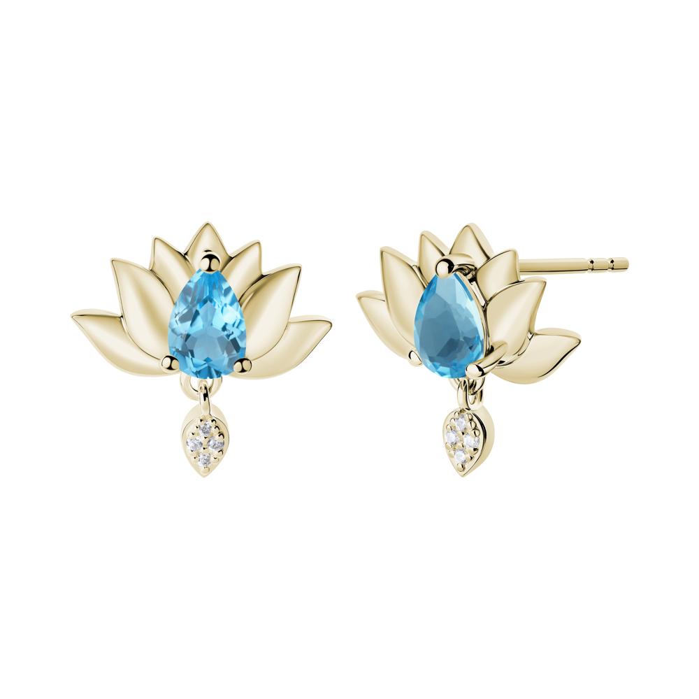 Pear Shaped Swiss Blue Topaz Lotus Flower Earrings - LUO Jewelry #metal_14k yellow gold