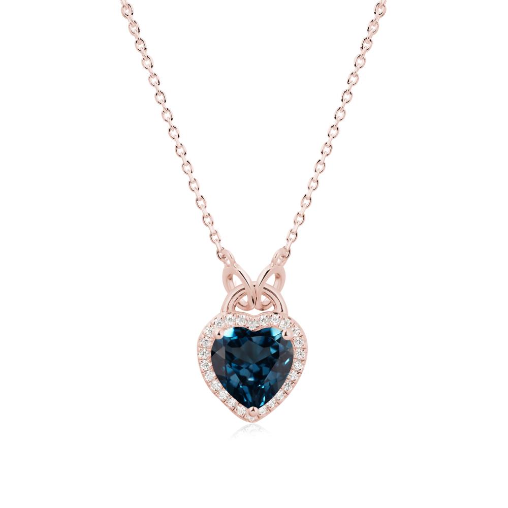 Heart Shaped London Blue Topaz Halo Pendant Necklace - LUO Jewelry #metal_18k rose gold