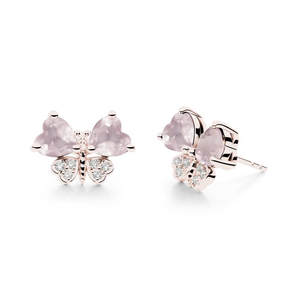 Rose Quartz Heart Shaped Wings Butterfly Stud Earrings - LUO Jewelry #metal_14k rose gold