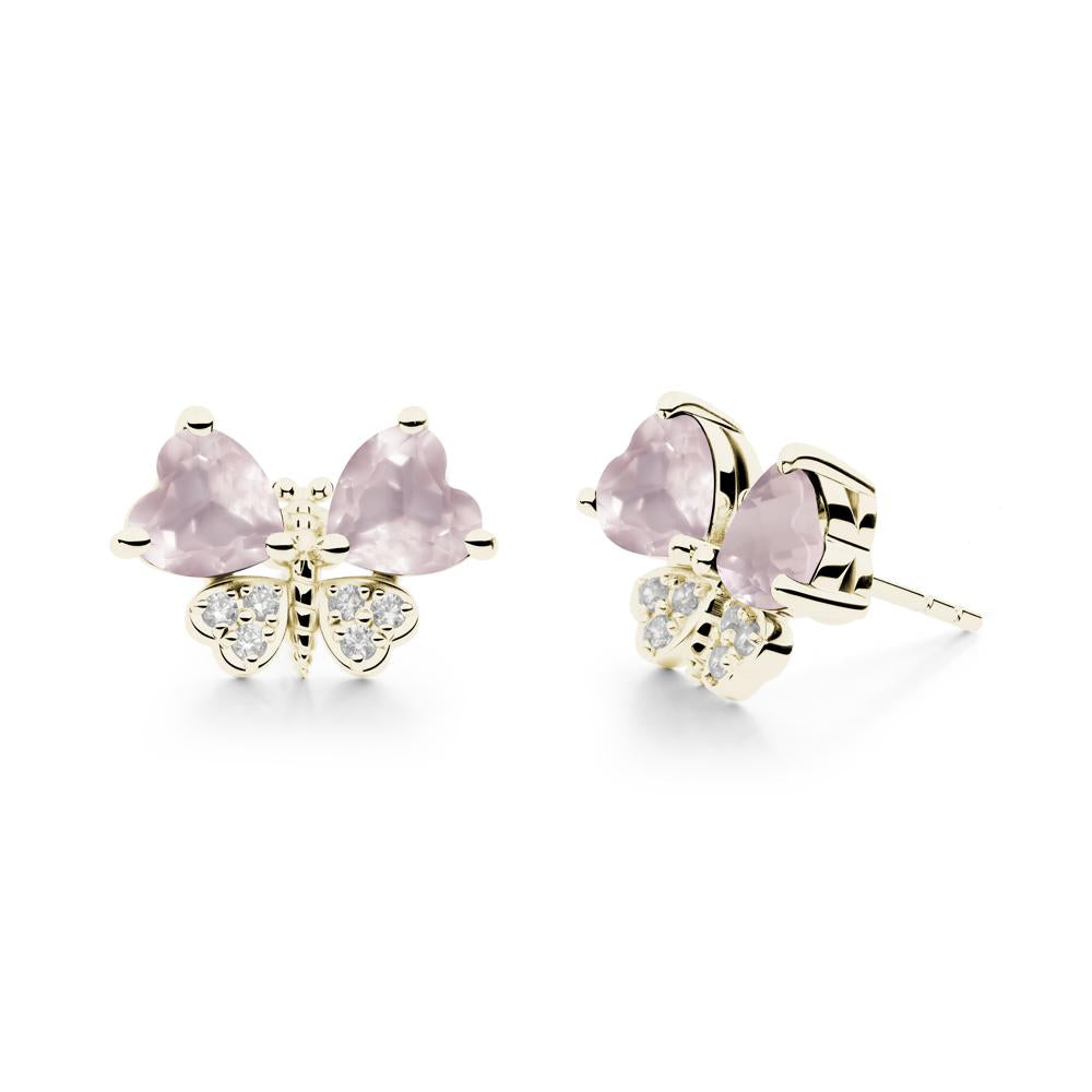 Rose Quartz Heart Shaped Wings Butterfly Stud Earrings - LUO Jewelry #metal_14k yellow gold