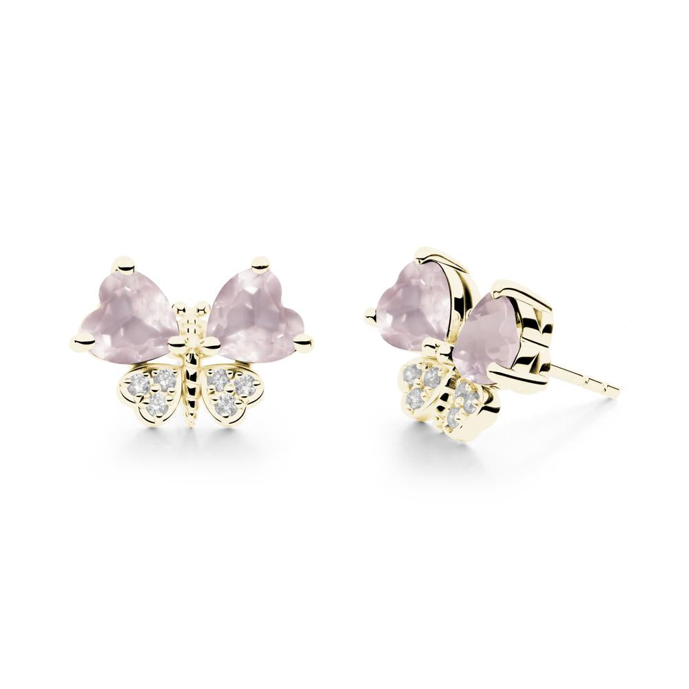 Rose Quartz Heart Shaped Wings Butterfly Stud Earrings - LUO Jewelry #metal_18k yellow gold