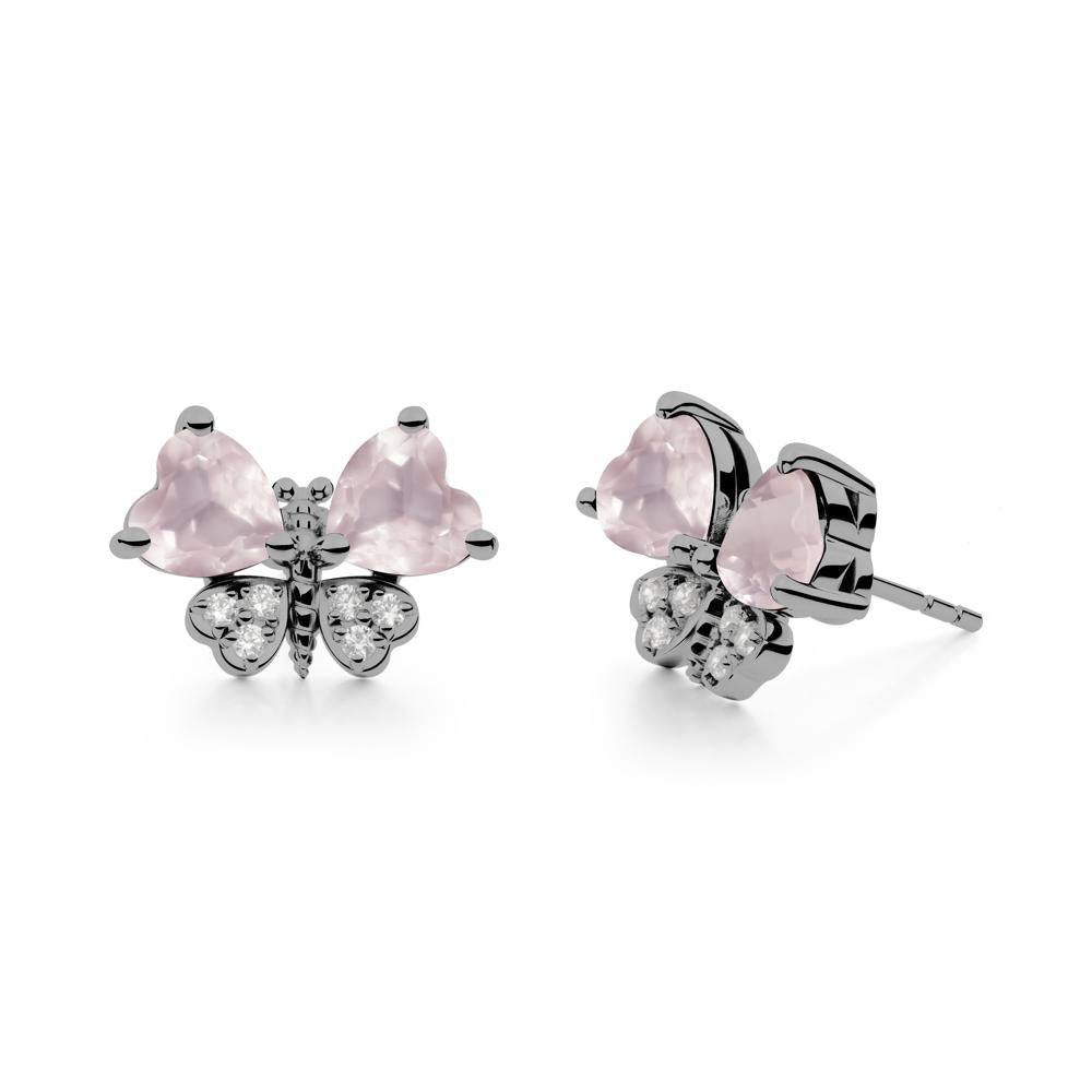 Rose Quartz Heart Shaped Wings Butterfly Stud Earrings - LUO Jewelry #metal_black finish sterling silver