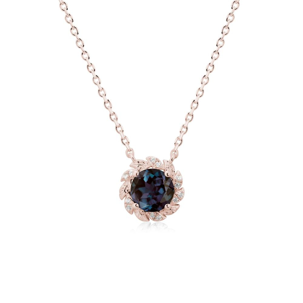 Round Alexandrite Leaf Halo Necklace - LUO Jewelry #metal_14k rose gold