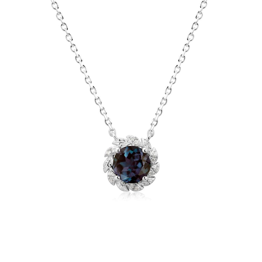 Round Alexandrite Leaf Halo Necklace - LUO Jewelry #metal_14k white gold