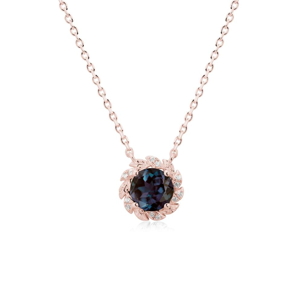 Round Alexandrite Leaf Halo Necklace - LUO Jewelry #metal_18k rose gold