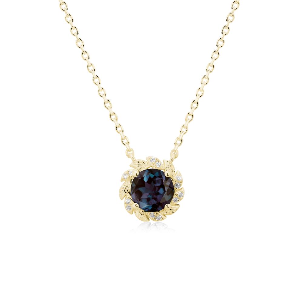 Round Alexandrite Leaf Halo Necklace - LUO Jewelry #metal_18k yellow gold