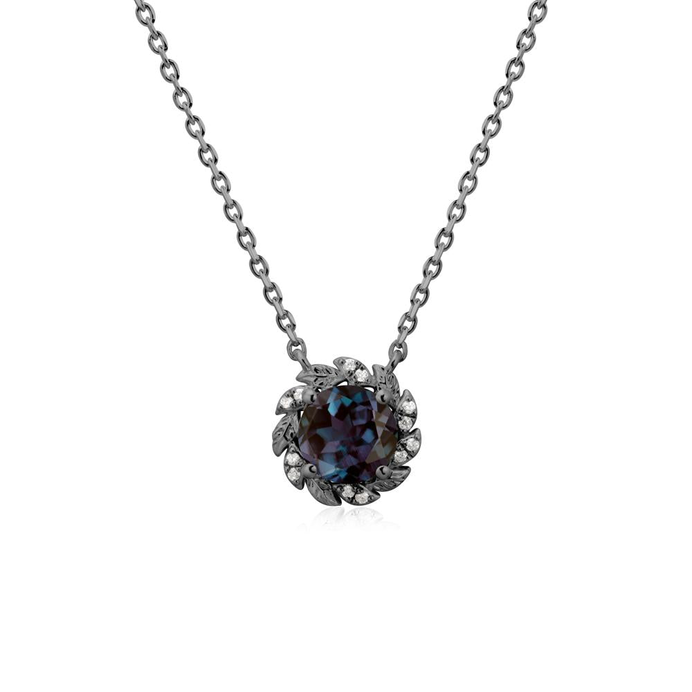 Round Alexandrite Leaf Halo Necklace - LUO Jewelry #metal_black finish sterling silver