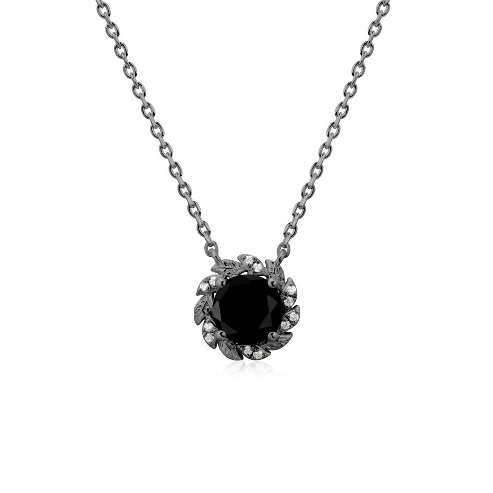 Round Black Spinel Leaf Halo Necklace - LUO Jewelry #metal_black finish sterling silver