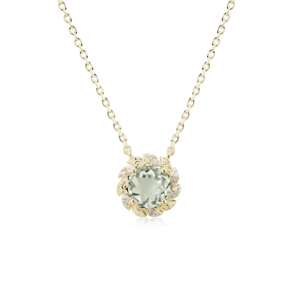 Round Green Amethyst Leaf Halo Necklace - LUO Jewelry #metal_14k yellow gold