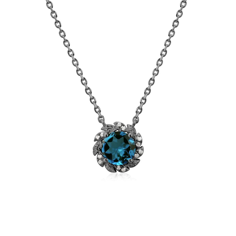 Round London Blue Topaz Leaf Halo Necklace - LUO Jewelry #metal_black finish sterling silver