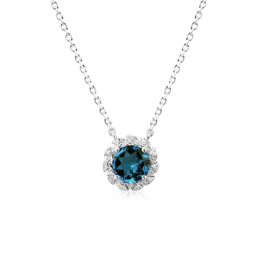 Round London Blue Topaz Leaf Halo Necklace - LUO Jewelry #metal_sterling silver