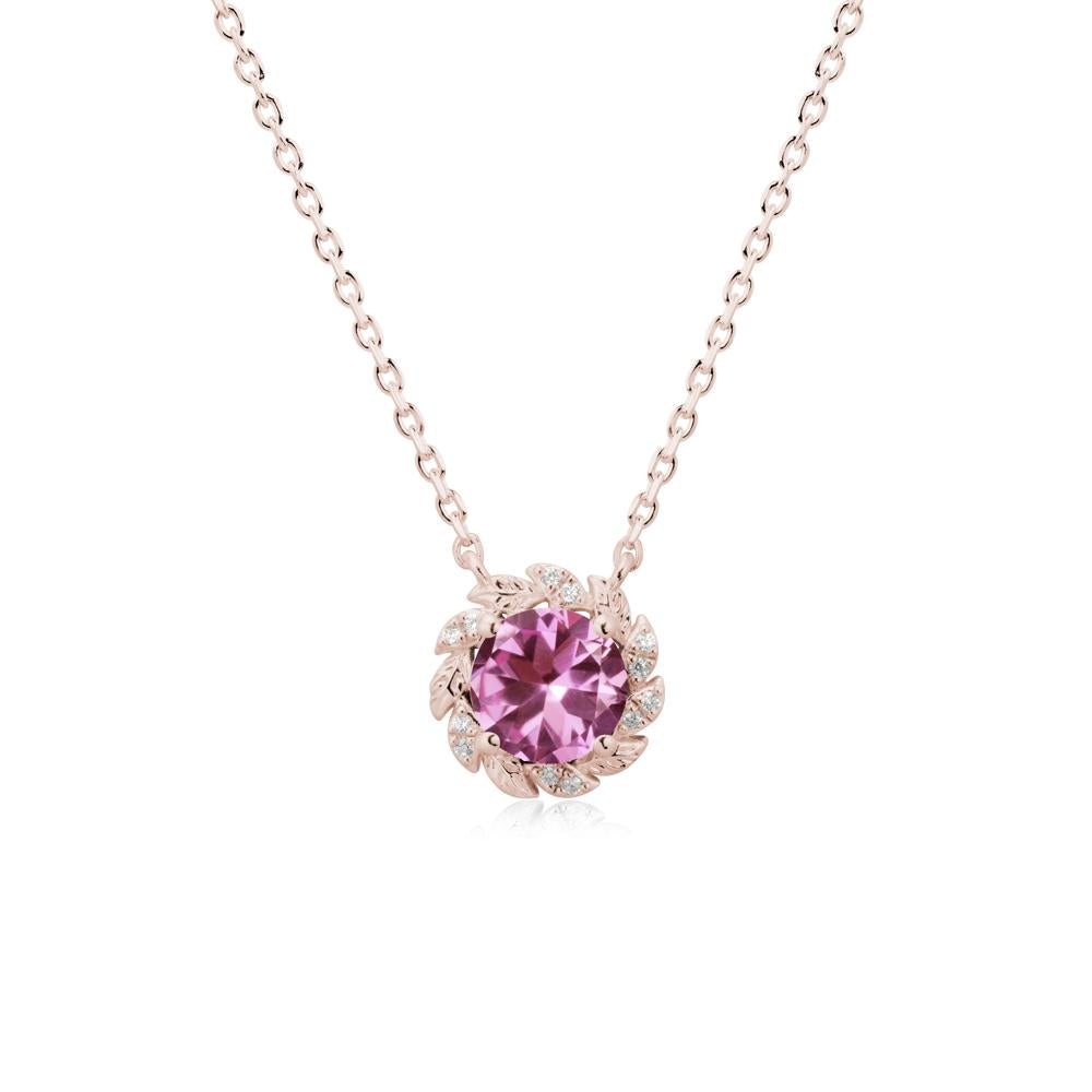 Round Pink Sapphire Leaf Halo Necklace - LUO Jewelry #metal_14k rose gold
