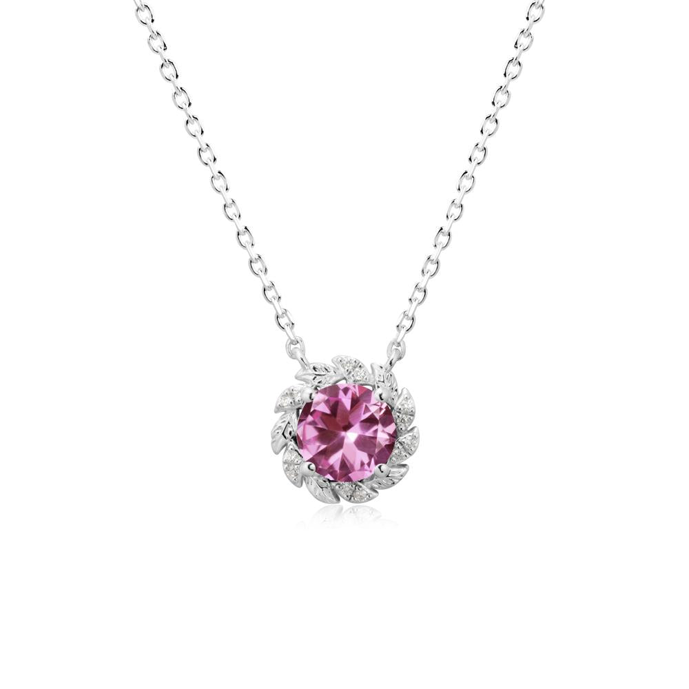 Round Pink Sapphire Leaf Halo Necklace - LUO Jewelry #metal_14k white gold