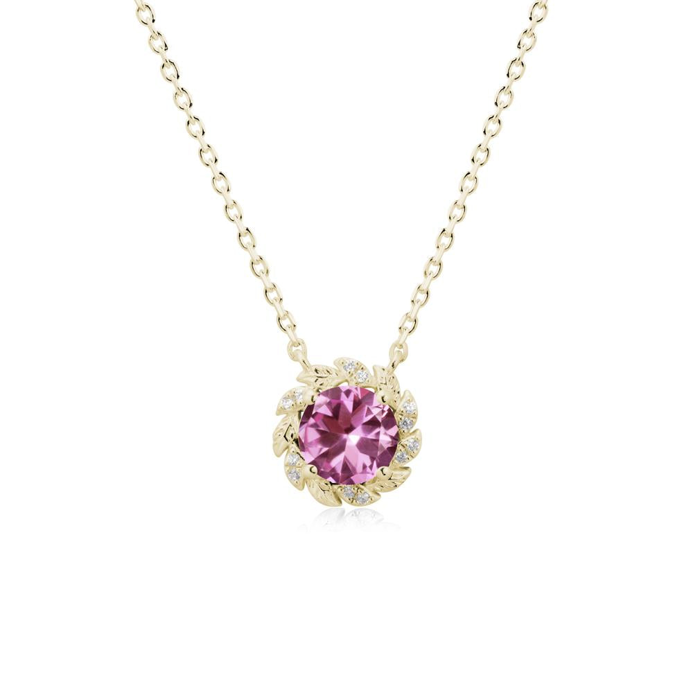 Round Pink Sapphire Leaf Halo Necklace - LUO Jewelry #metal_14k yellow gold