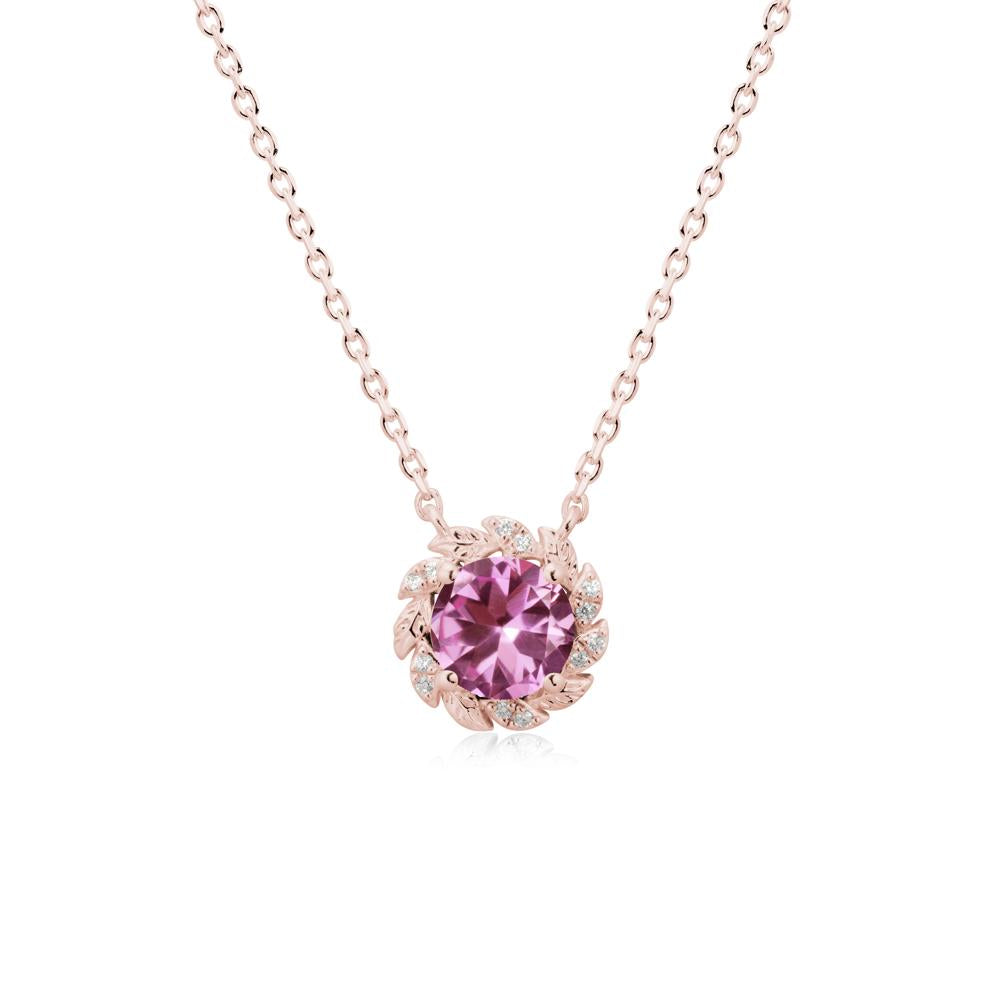 Round Pink Sapphire Leaf Halo Necklace - LUO Jewelry #metal_18k rose gold
