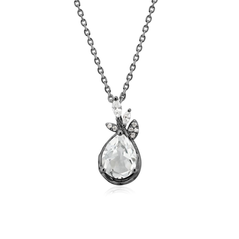 Tear Shaped White Topaz Leaf Necklace - LUO Jewelry #metal_black finish sterling silver