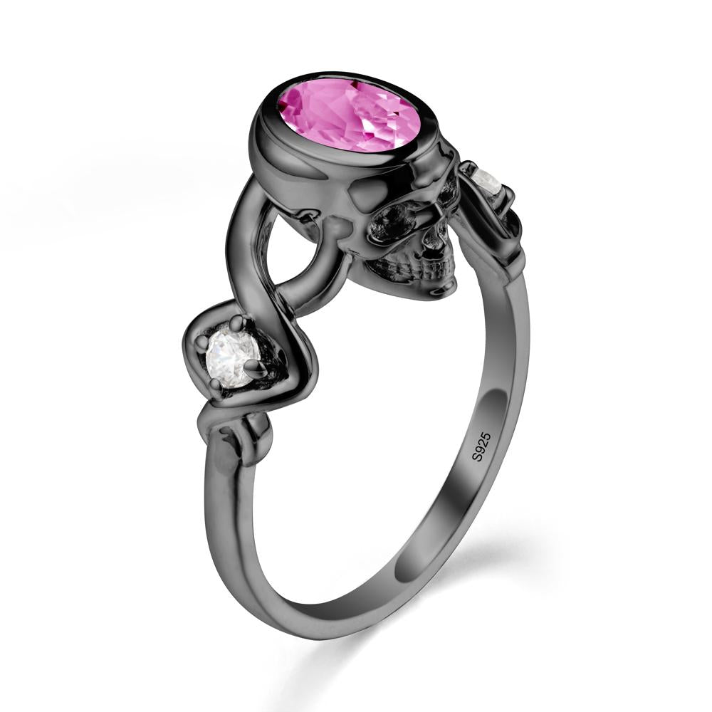 Unique Bezel Setting Pink Sapphire Skull Ring - LUO Jewelry #metal_black finish sterling silver