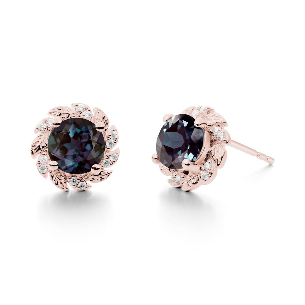 Round Alexandrite Leaf Halo Stud Earrings - LUO Jewelry #metal_18k rose gold