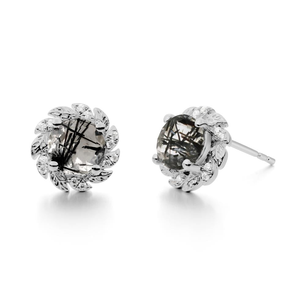 Round Black Rutilated Quartz Leaf Halo Stud Earrings - LUO Jewelry #metal_platinum