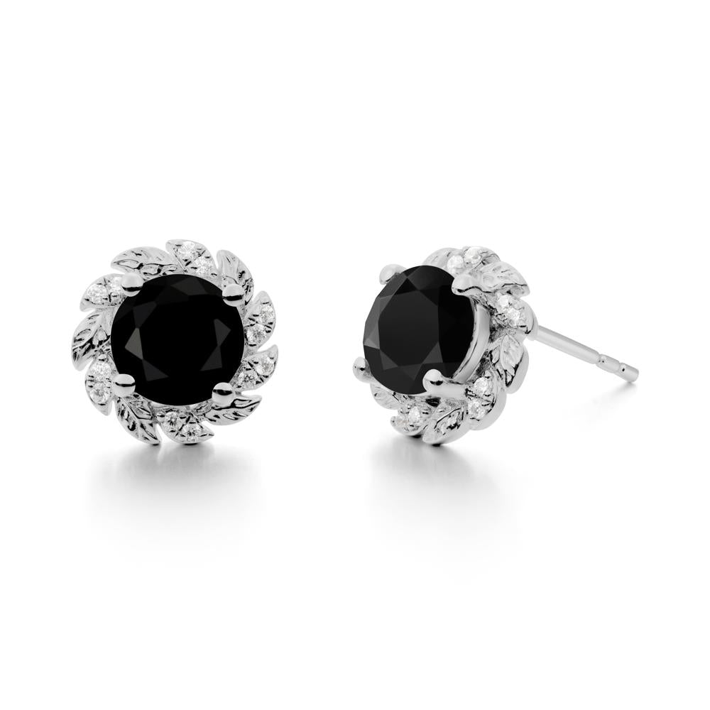 Round Black Spinel Leaf Halo Stud Earrings - LUO Jewelry #metal_platinum