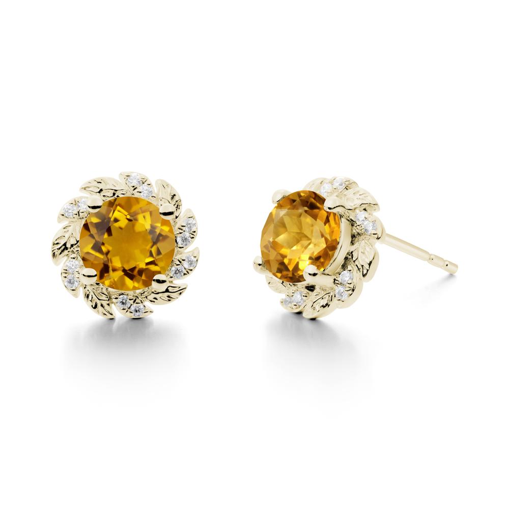 Round Citrine Leaf Halo Stud Earrings - LUO Jewelry #metal_14k yellow gold