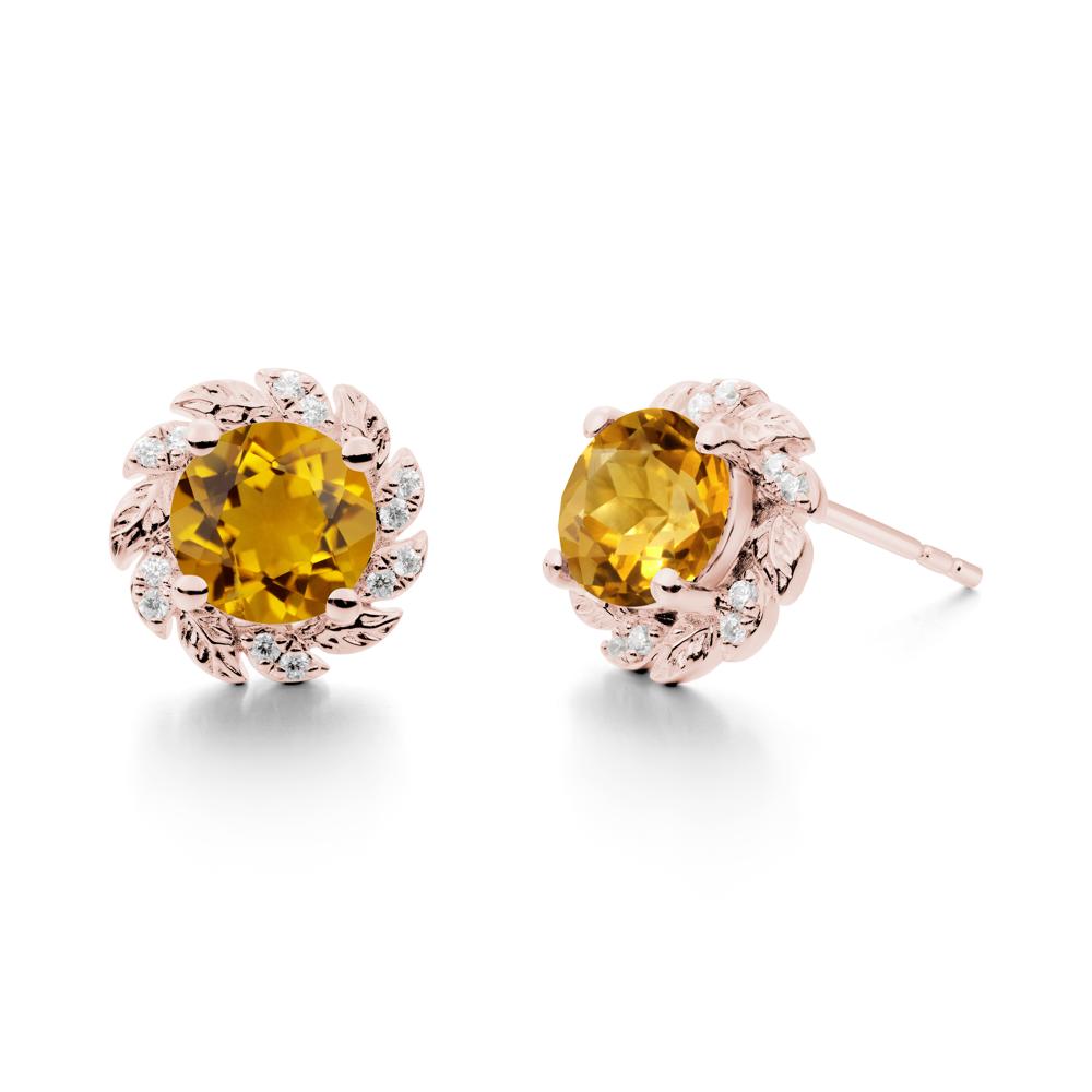 Round Citrine Leaf Halo Stud Earrings - LUO Jewelry #metal_18k rose gold
