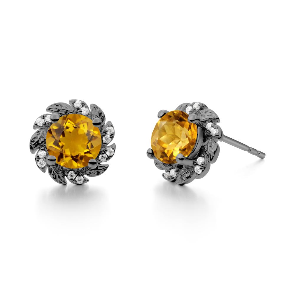 Round Citrine Leaf Halo Stud Earrings - LUO Jewelry #metal_black finish sterling silver