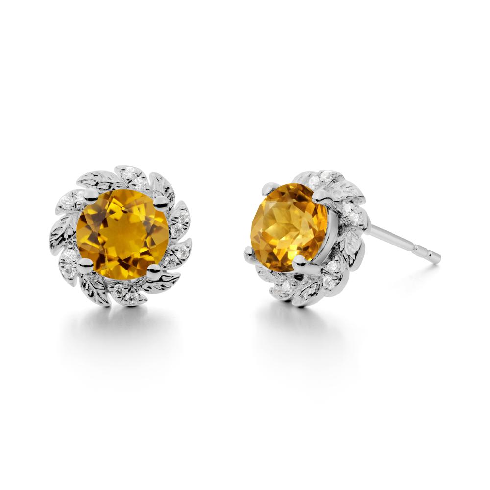Round Citrine Leaf Halo Stud Earrings - LUO Jewelry #metal_platinum
