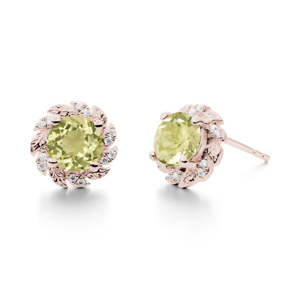 Round Lemon Quartz Leaf Halo Stud Earrings - LUO Jewelry #metal_14k rose gold