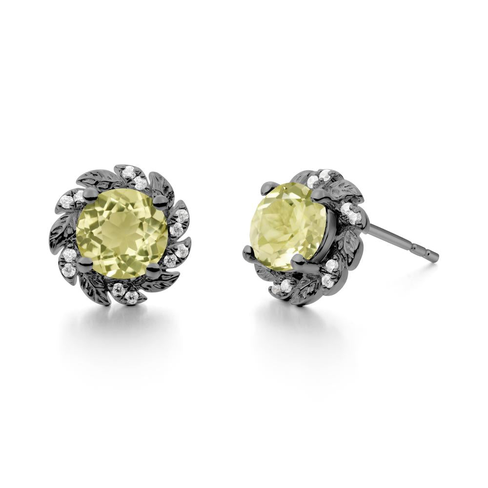 Round Lemon Quartz Leaf Halo Stud Earrings - LUO Jewelry #metal_black finish sterling silver