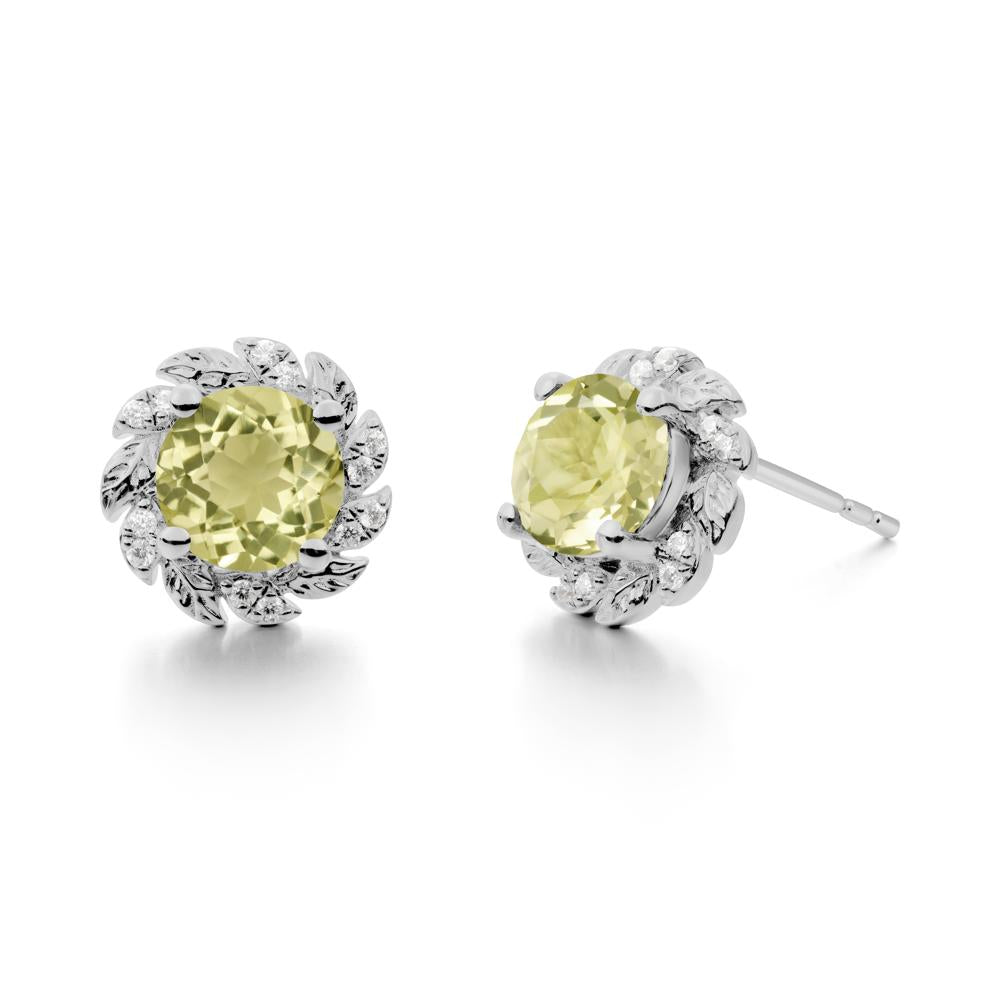 Round Lemon Quartz Leaf Halo Stud Earrings - LUO Jewelry #metal_platinum