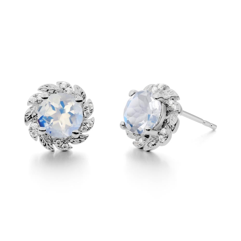 Round Moonstone Leaf Halo Stud Earrings - LUO Jewelry #metal_platinum