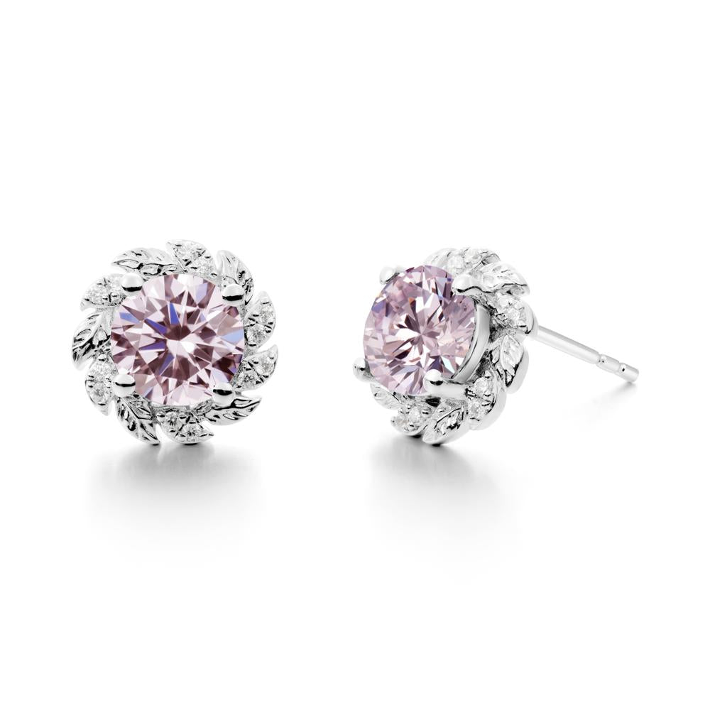 Round Pink Cubic Zirconia Leaf Halo Stud Earrings - LUO Jewelry #metal_14k white gold