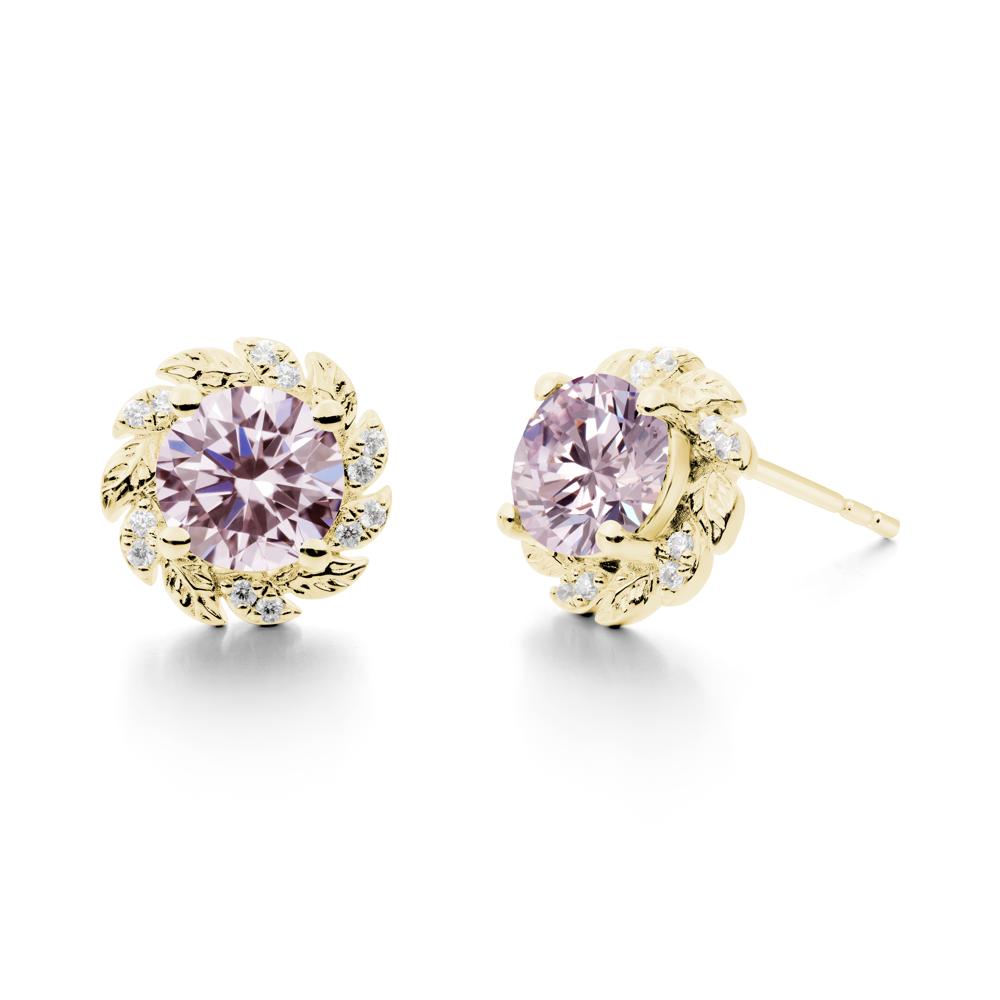 Round Pink Cubic Zirconia Leaf Halo Stud Earrings - LUO Jewelry #metal_18k yellow gold