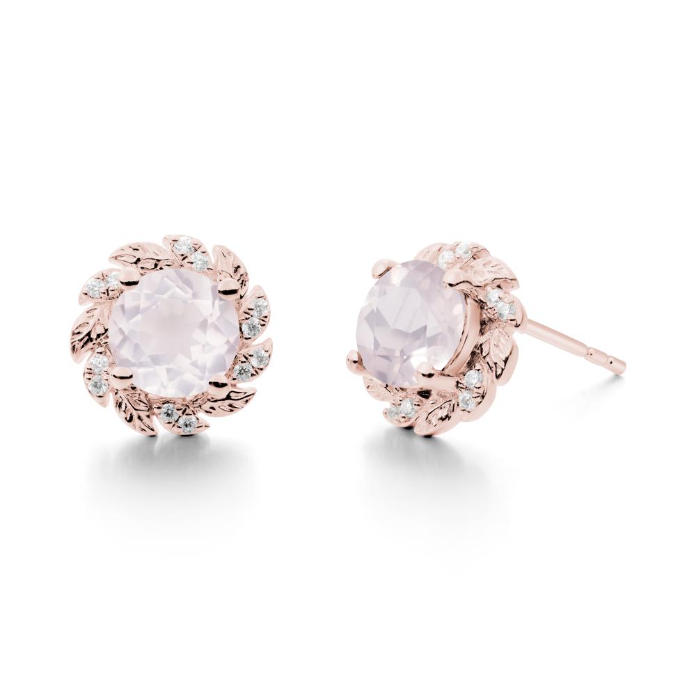 Round Rose Quartz Leaf Halo Stud Earrings - LUO Jewelry #metal_18k rose gold