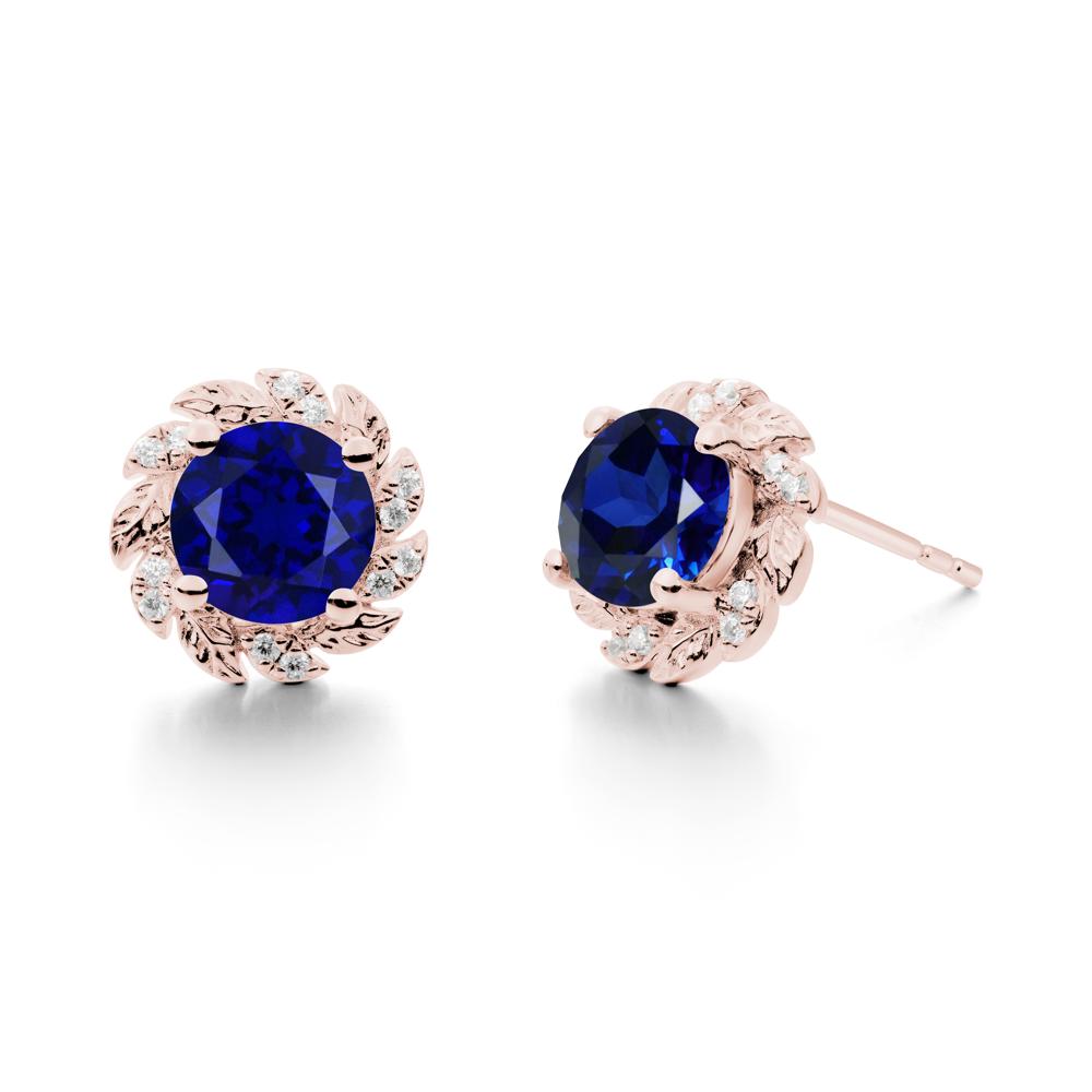 Round Sapphire Leaf Halo Stud Earrings - LUO Jewelry #metal_18k rose gold
