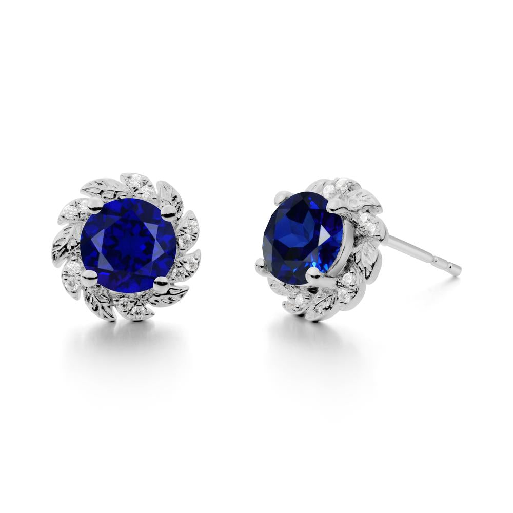 Round Sapphire Leaf Halo Stud Earrings - LUO Jewelry #metal_platinum