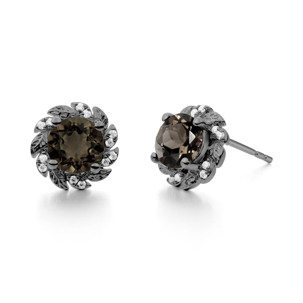 Round Smoky Quartz Leaf Halo Stud Earrings - LUO Jewelry #metal_black finish sterling silver