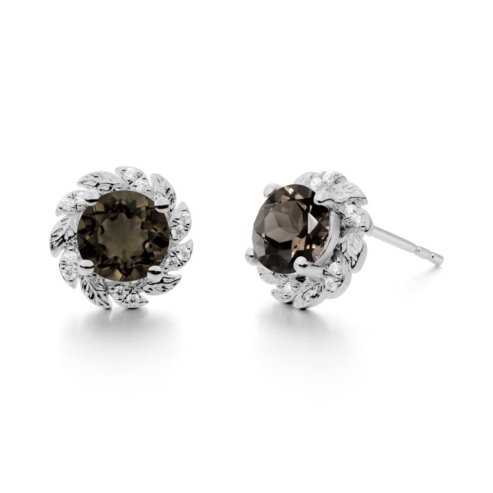 Round Smoky Quartz Leaf Halo Stud Earrings - LUO Jewelry #metal_platinum