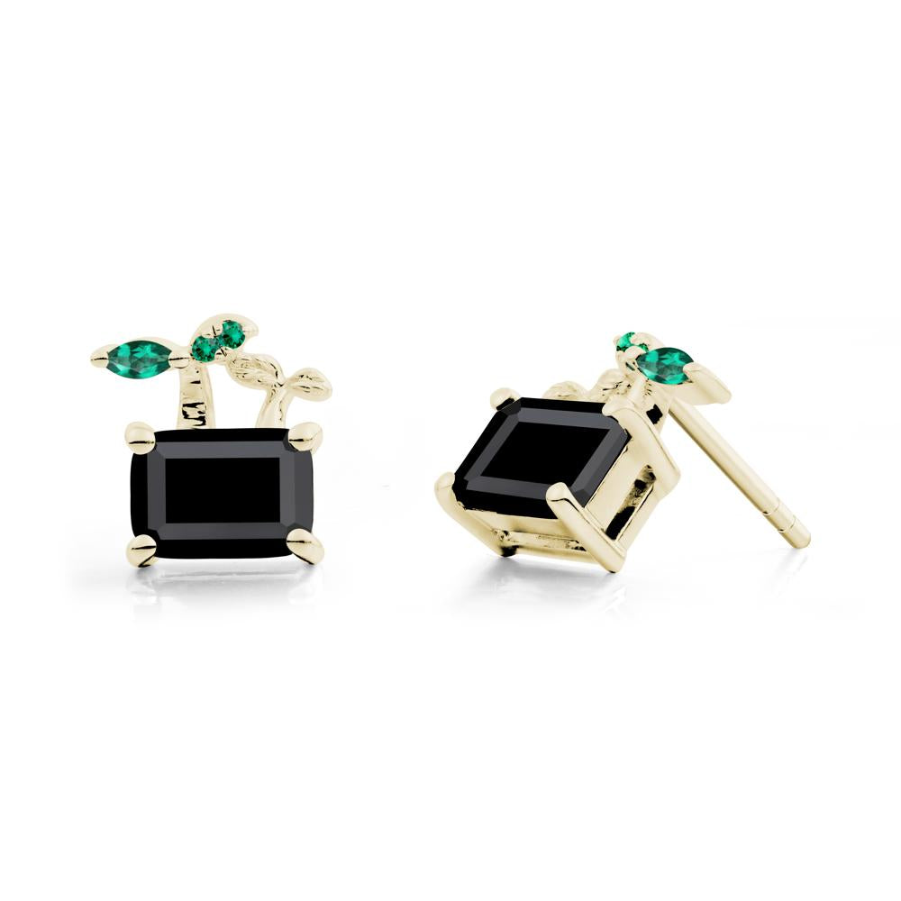 Emerald Cut Black Spinel and Emerald Sprout Earrings - LUO Jewelry #metal_14k yellow gold